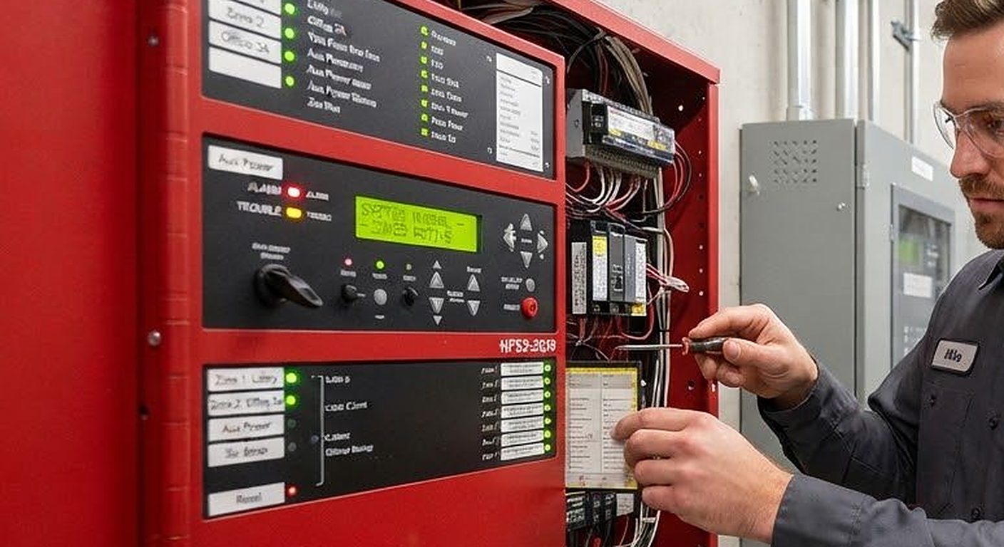 Close-up of a commercial fire alarm control panel with status indicators