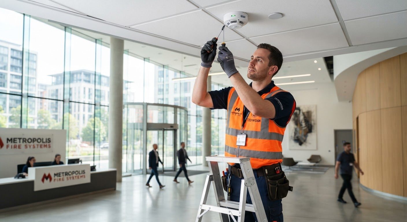 Technician installing a ceiling-mounted smoke detector
