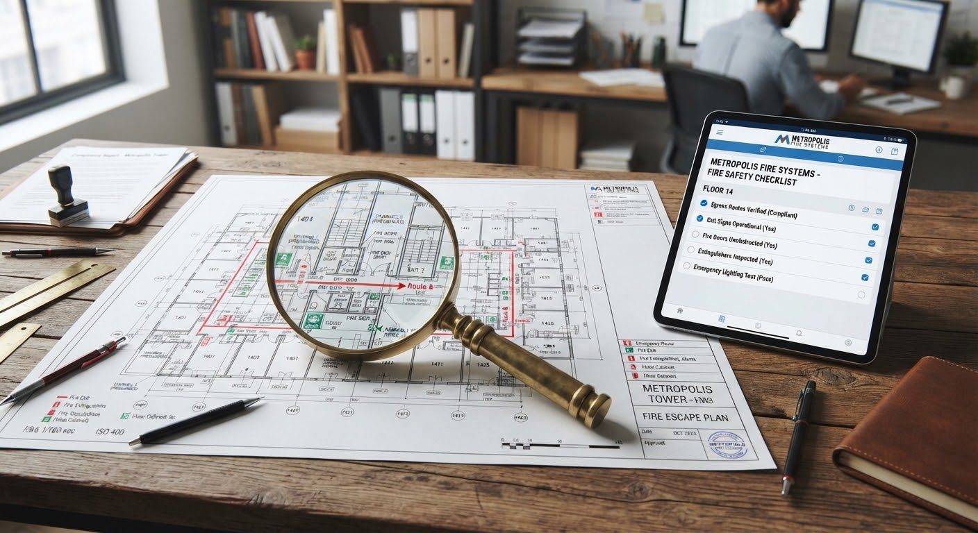 Building staff reviewing a fire safety plan on a clipboard